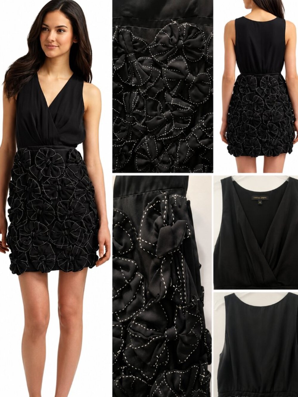 Cynthia Steffe Black Floral Appliqué Cocktail Dress | Sleeveless V-Neck | Size 4